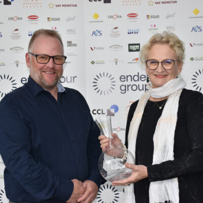 Best Dry White Other Than a Riesling won by Pikes Wines 2022 Luccio Fiano - Adam Wright of Hood Sweeney with Pikes Wines' Cathy Pike.